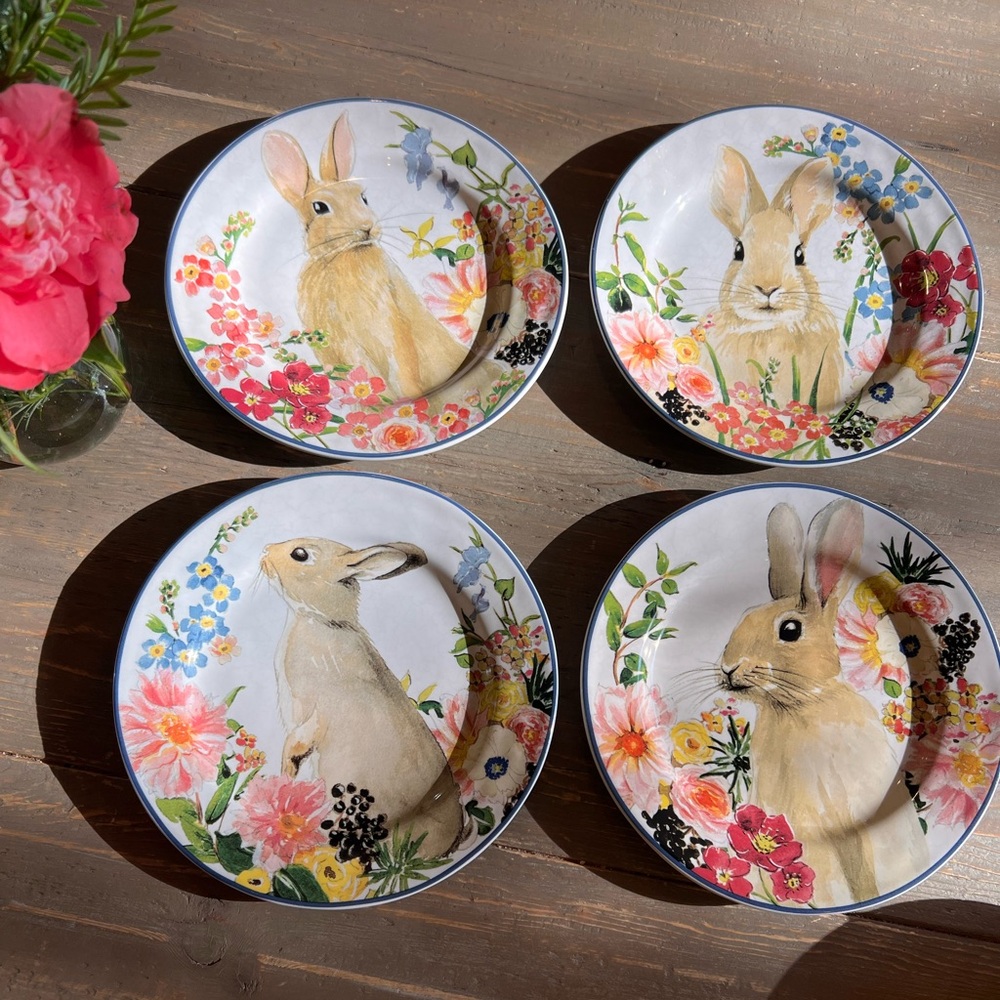 Botanical Floral Pottery Barn Bunny Stoneware Salad Plates watercolor Set Of 4